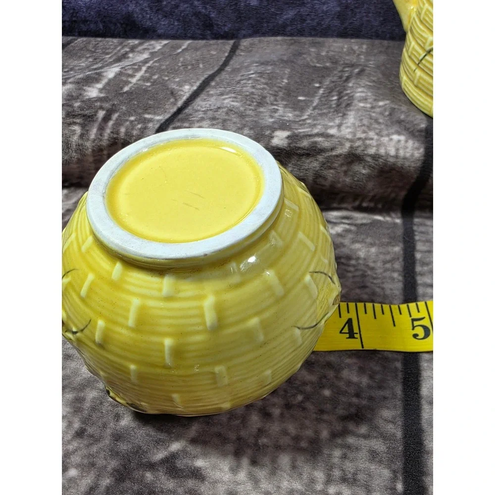 Vintage Yellow Beehive Ceramic Sugar Bowl and Creamer Set with Bees Skep Design‎